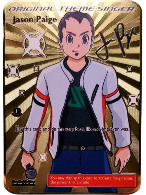 Animated Jason Paige character card with 'Original Theme Singer' text and signature on a gold and brown background