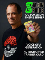 Jason Paige holding A Autographed Voice Of A Generation Holographic Trainer Card