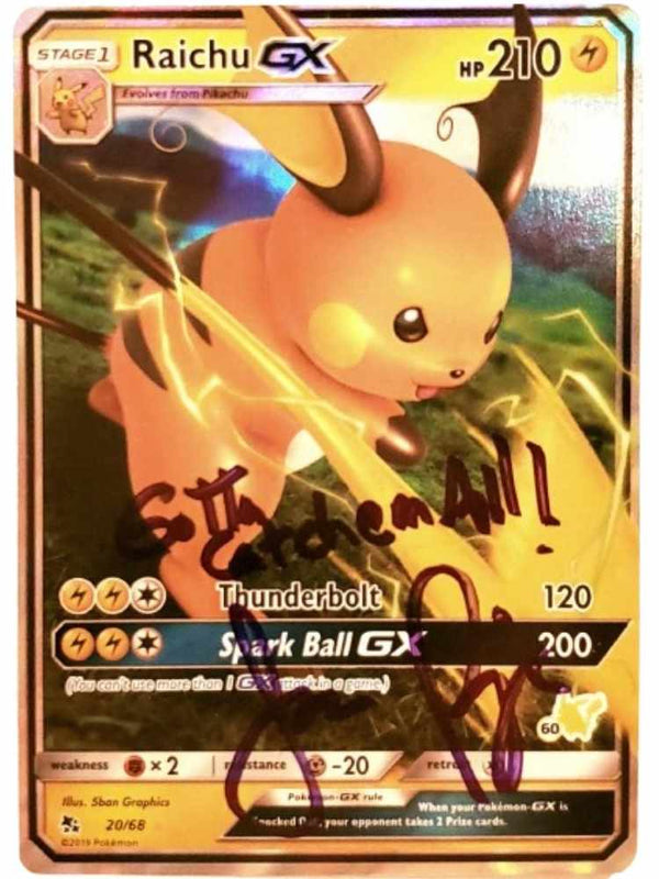 Pokémon trading card featuring Raichu GX with signature by JP