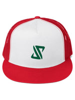 Red and white cap with a green JP logo on a white background