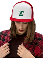 Person wearing a red and white Hat with a green JP logo on a white background