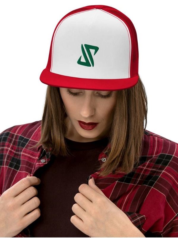 Person wearing a red and white Hat with a green JP logo on a white background