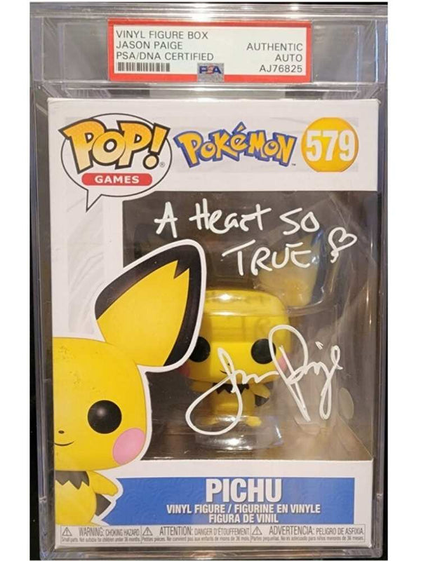 Pokémon Pichu vinyl figure in packaging with 'A heart so true' text and signature of JP
