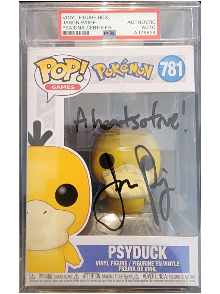 Pokémon Psyduck vinyl figure in packaging with autographed by JP and PSA/DNA certification label.