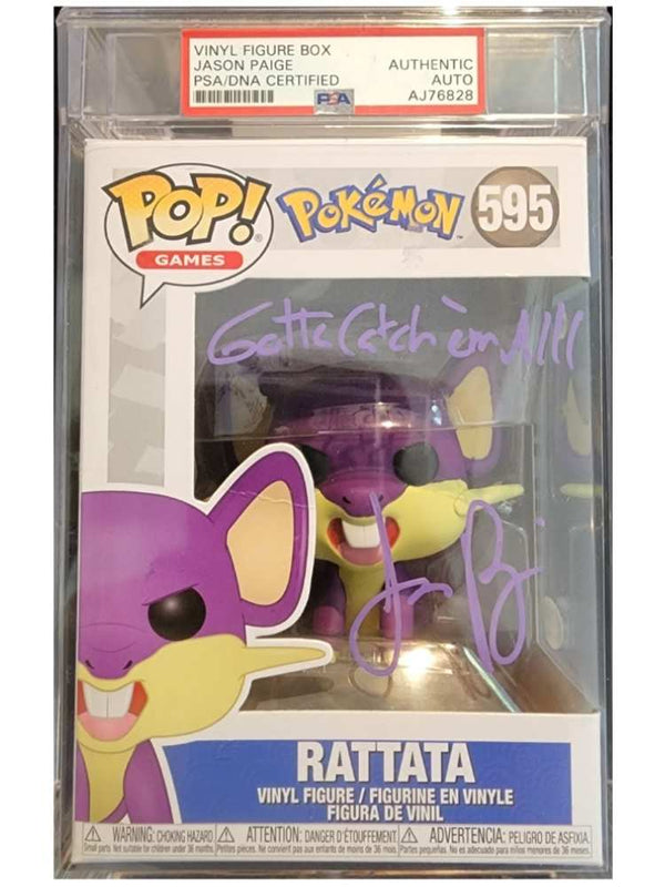 A PSA authenticated and autographed Funko Pop figurine of Rattata, sealed in a clear box with a signature on the front.