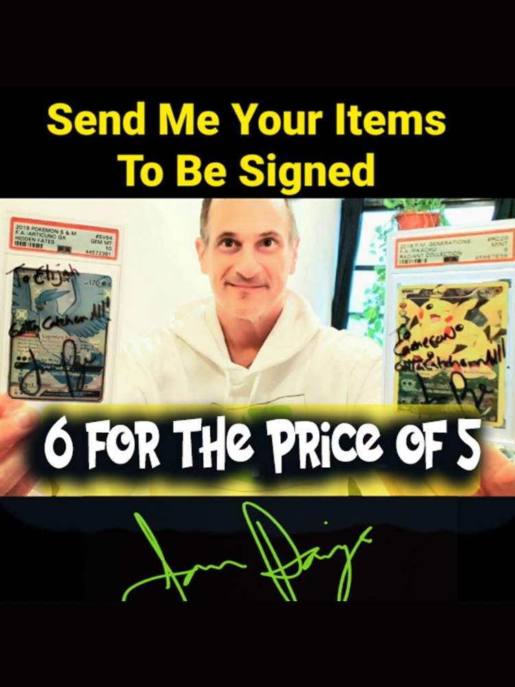 Promotional graphic with a JP holding autographed cards and text offering to sign items for a deal.