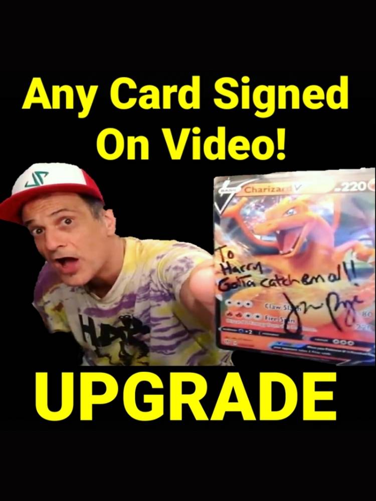 JP holding a trading card with text about upgrading cards on video.