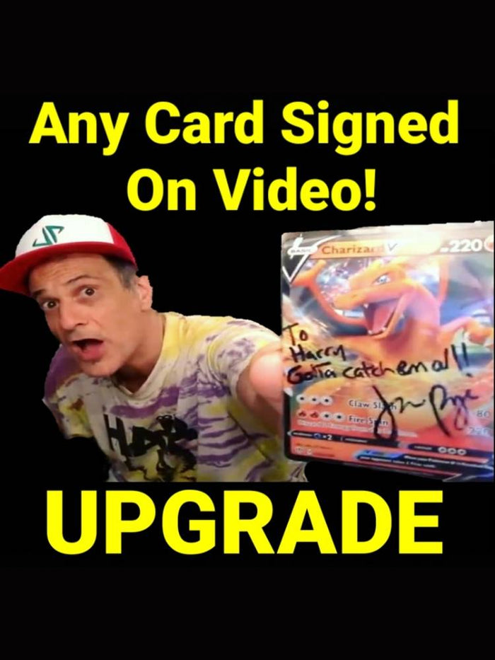JP holding a trading card with text about upgrading cards on video.