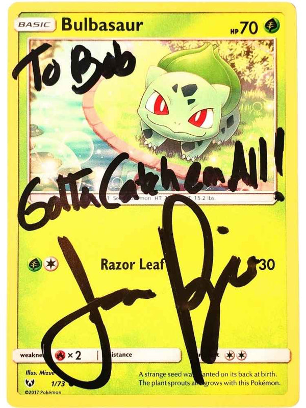 JP Signed Pokémon trading card featuring Bulbasaur with autographs on a yellow border.