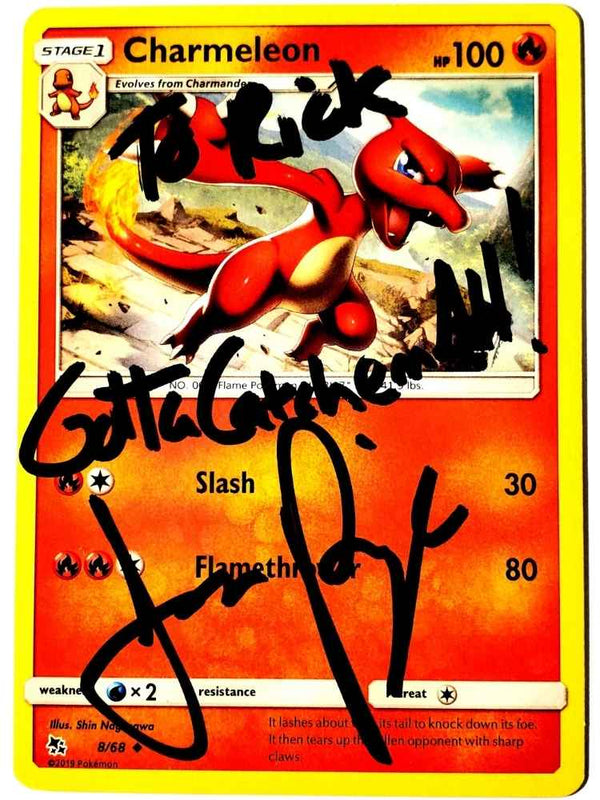 Pokémon trading card featuring Charmeleon with autograph of JP and text overlay