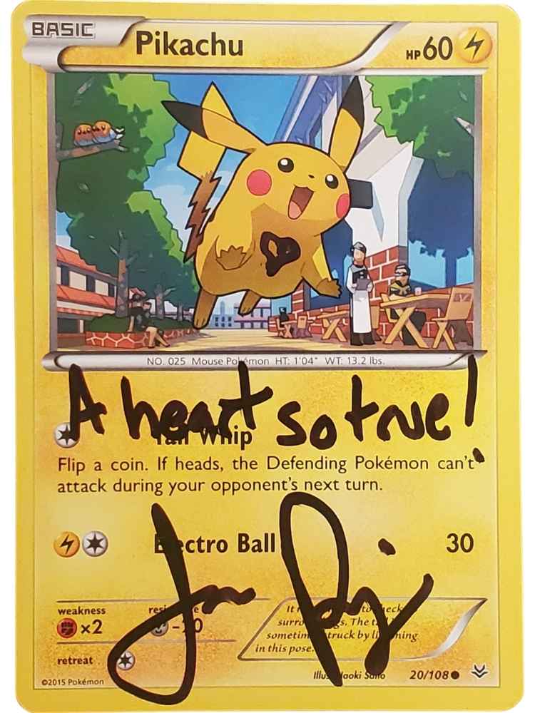 Pokémon trading card featuring Pikachu with handwritten text and JP signed on a yellow background