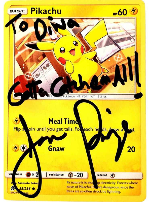 Pikachu trading card with handwritten text and autographs on a yellow background