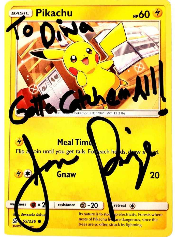 Pikachu trading card with handwritten text and autographs on a yellow background