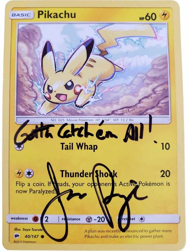 Pikachu trading card with signature by JP and text on a yellow border
