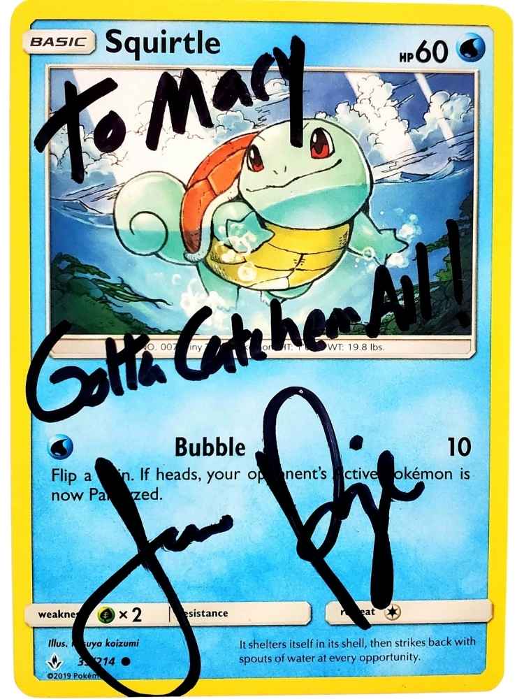 Squirtle Pokémon trading card with JP autographs on a white background