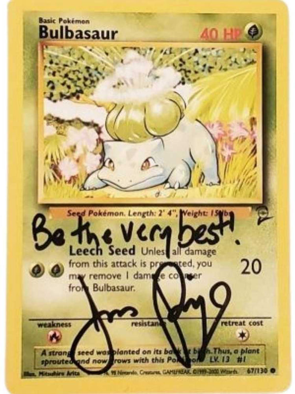 Pokémon trading card featuring Bulbasaur with signature by JP