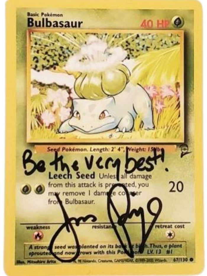 Pokémon trading card featuring Bulbasaur with signature by JP