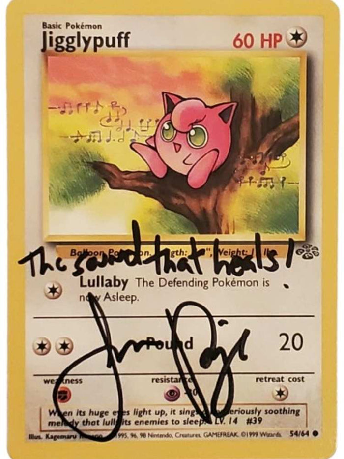 Pokémon trading card featuring Jigglypuff with Autographed by Jason Paige