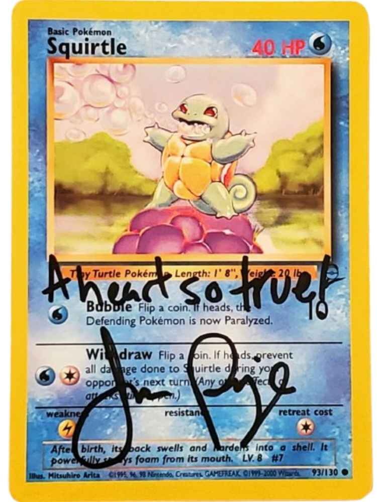 Pokémon trading card featuring Squirtle with signed by Jason Paige