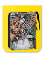 Binder with colorful design and text on a yellow background