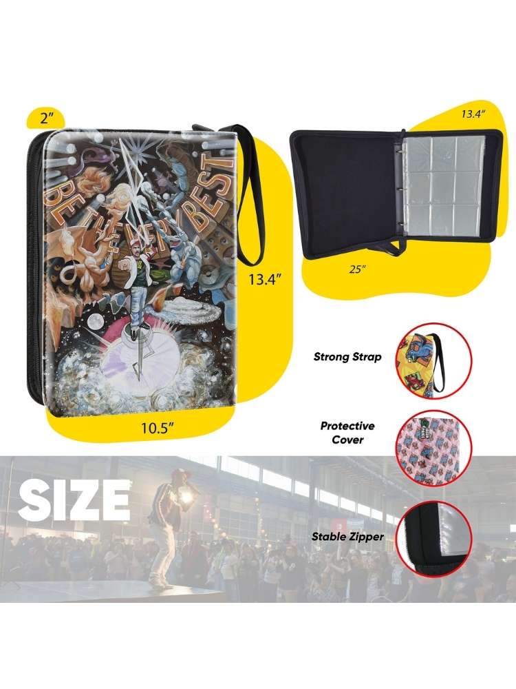 Product binder with size indicators and features on a yellow background