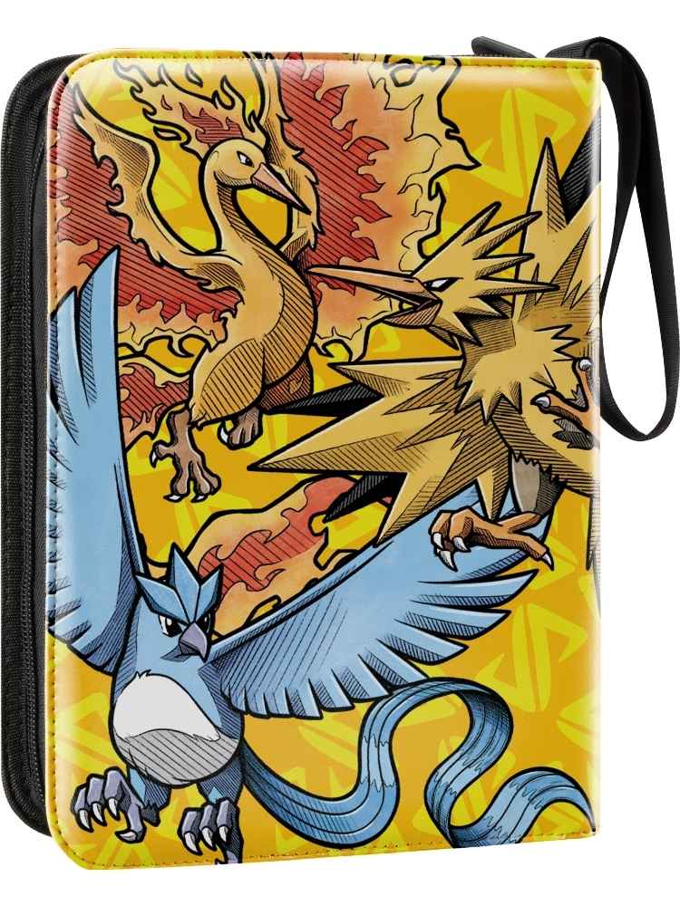 Pokémon-themed carrying case with three legendary creatures on a yellow background