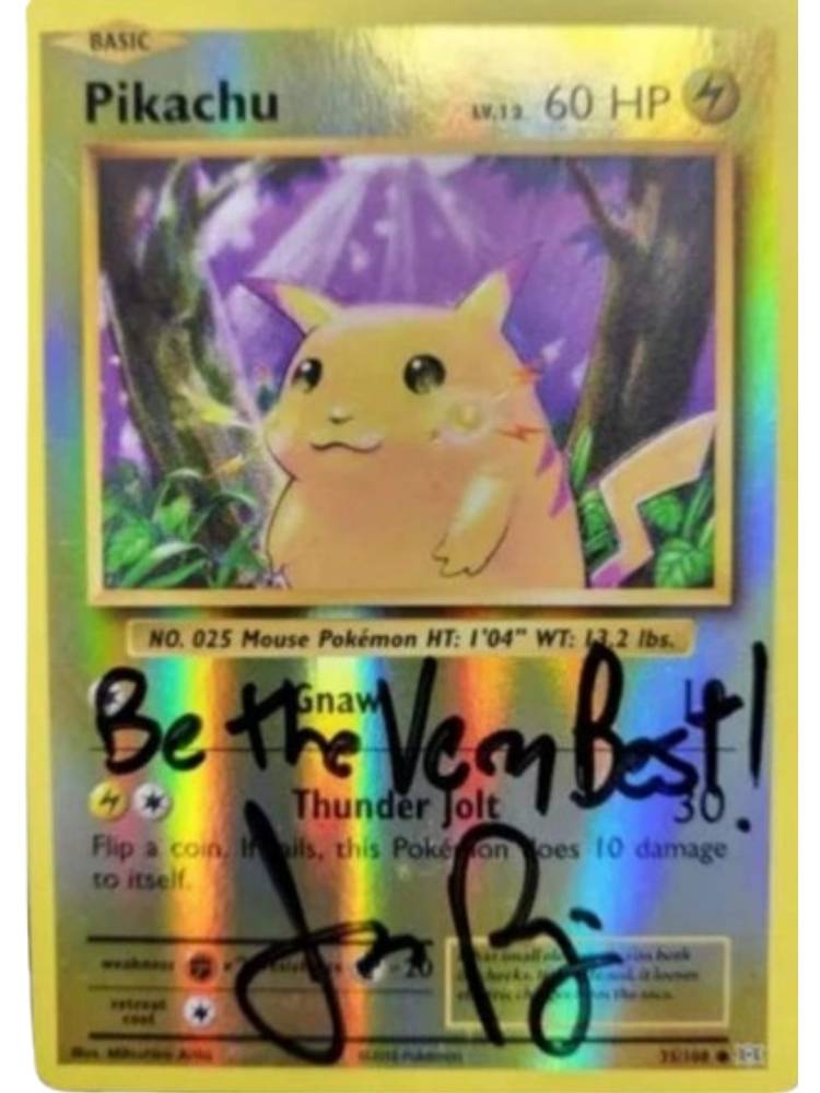 Pokémon trading card featuring Pikachu with a colorful border and JP Autographed.