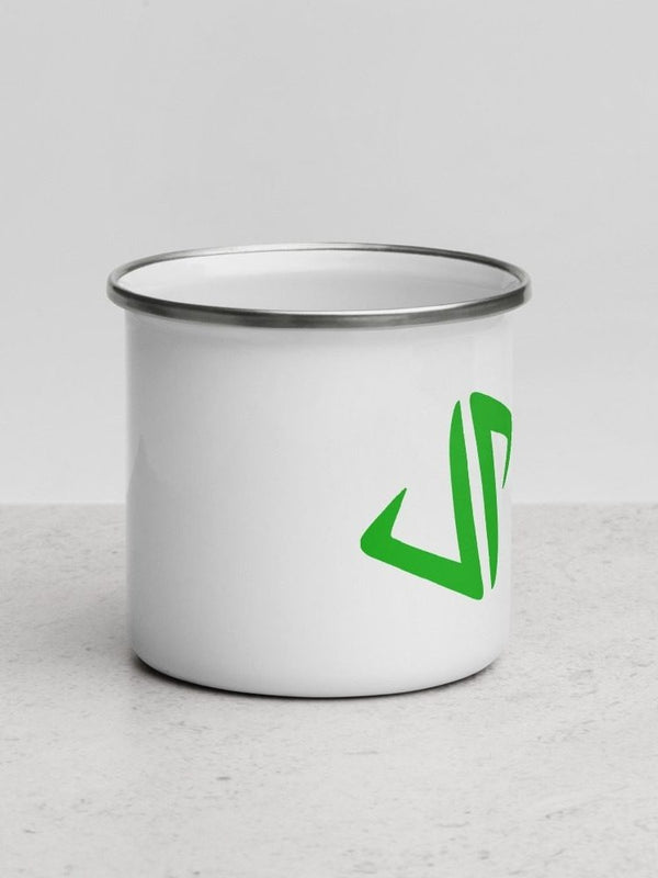 White enamel mug with a green JP logo on a light gray background
