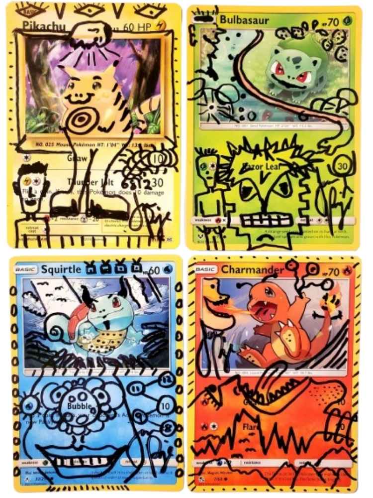 Four trading cards featuring stylized versions of Pikachu, Bulbasaur, Squirtle, and Charmander with artistic designs.