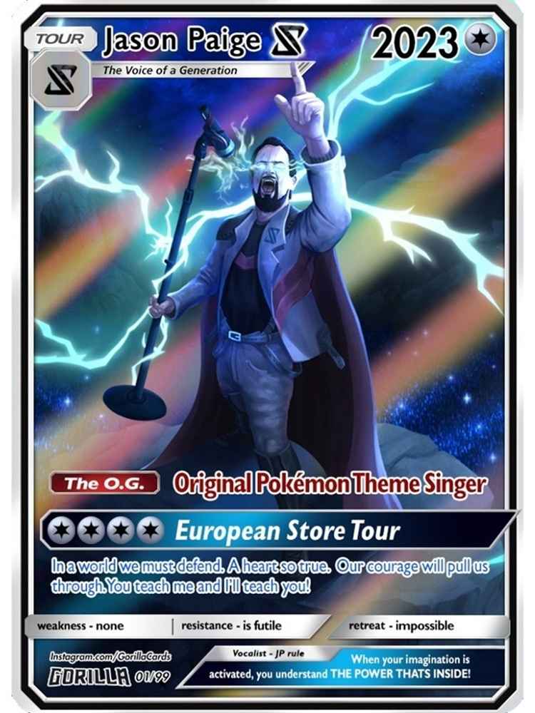 Card featuring a character with a robe and staff, labeled 'Jason Paige' and '2023', with colorful background and text.