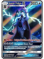 Card featuring a character with a robe and staff, labeled 'Jason Paige' and '2023', with colorful background and text.