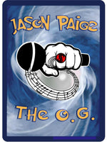 Card with a stylized fist holding a microphone and text 'Jason Paige The O.G.' on a blue swirling background.
