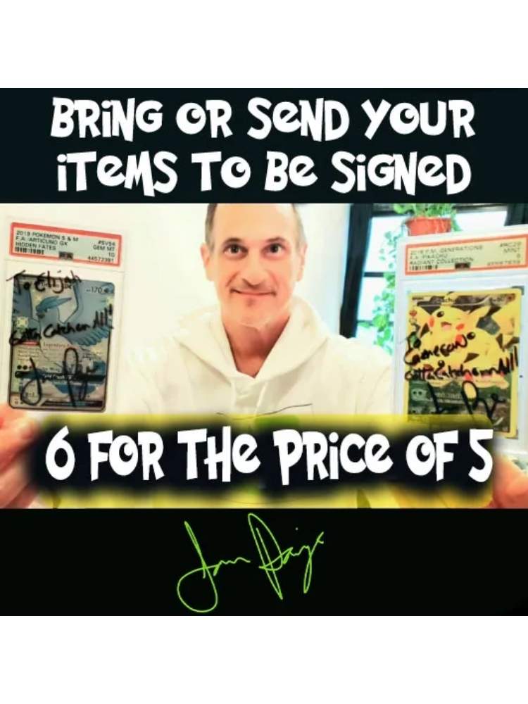 JP holding autographed items with promotional text overlay