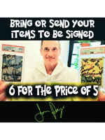 JP holding autographed items with promotional text overlay