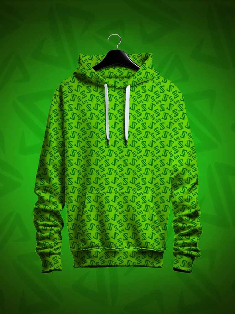 JP Logo Green hoodie with a pattern on a hanger against a green background