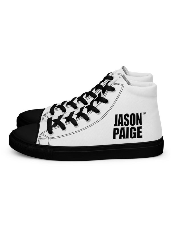 White high-top sneakers with black laces and 'Jason Paige' branding on a white background