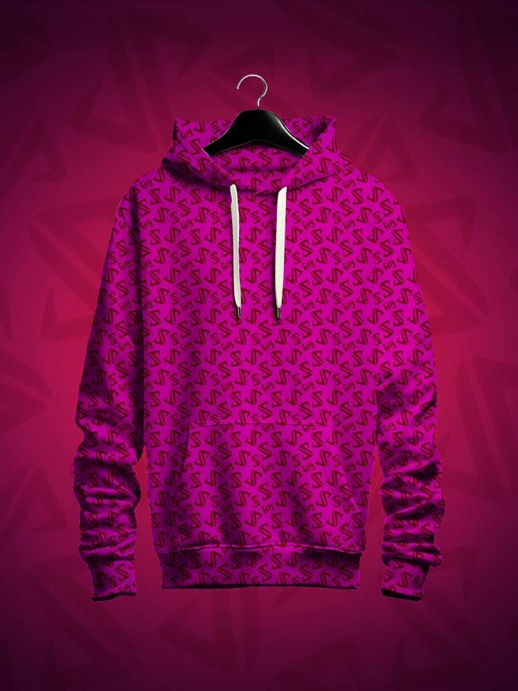 JP Logo Pink hoodie with a subtle pattern on a matching pink background