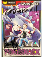Trading card featuring a character with sharks and 'Pokésnack' branding, signed by Jason Paige.