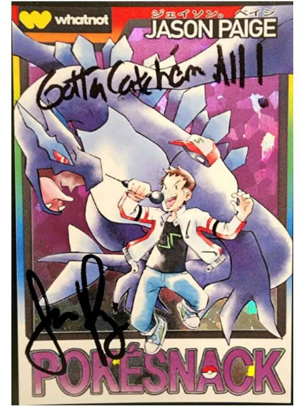 Trading card featuring a character with sharks and 'Pokésnack' branding, signed by Jason Paige.