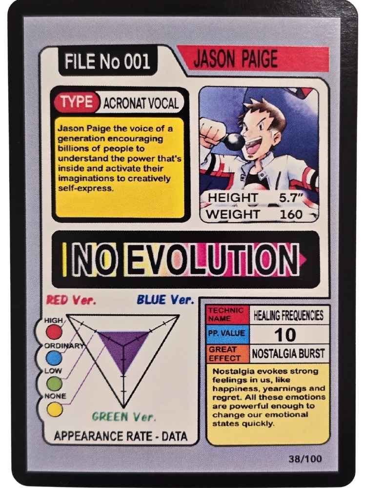 Character card with 'Jason Paige' from 'No Evolution' featuring text and graphics.