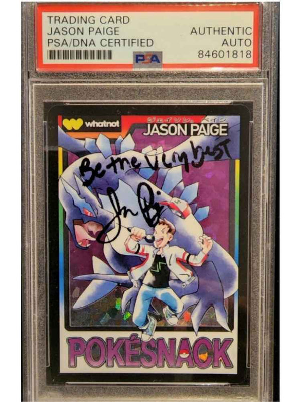 Trading card of Jason Paige from Pokésnack with autograph, PSA/DNA certification, and Pokesnack branding.