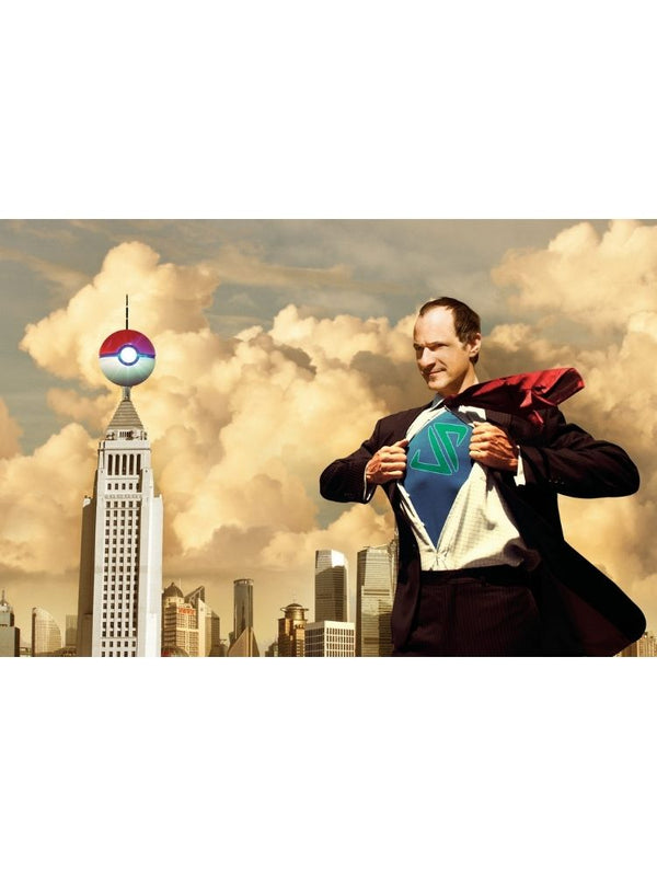 Jason Paige Saves! Poster 10x12 custom autographed in suit with over cityscape and cloud with Poké Ball logo
