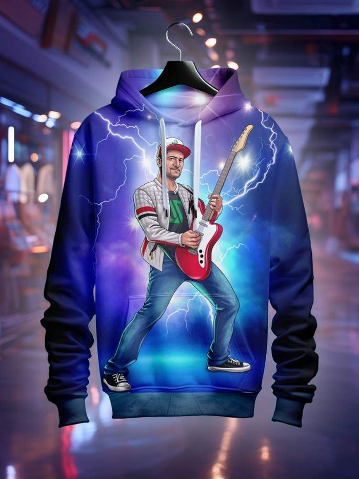 Hoodie with a graphic of JP  playing guitar on a hanger against a blurred indoor background.