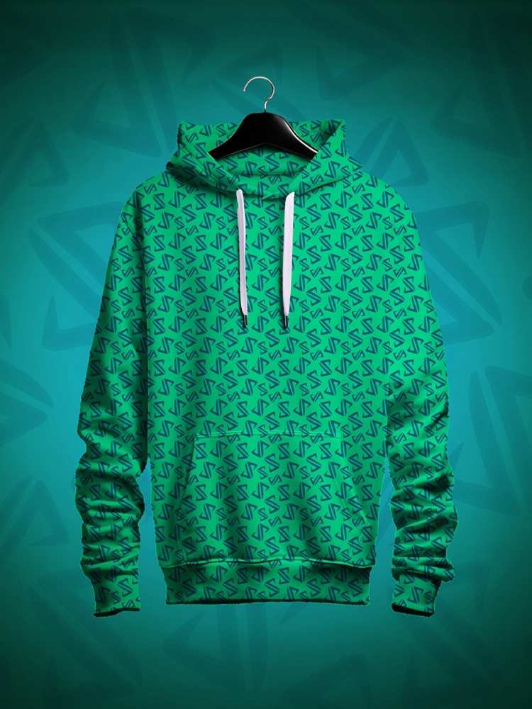 JP Logo Green hoodie with a pattern on a hanger against a teal background