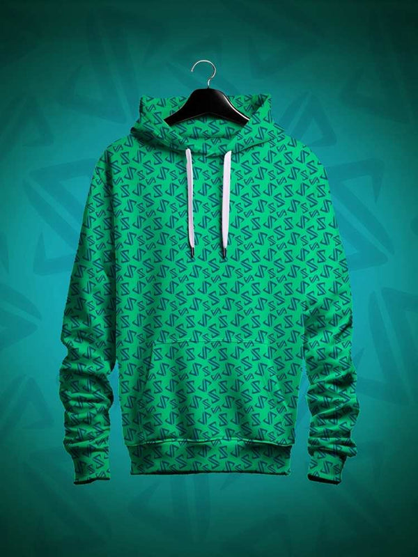 JP Logo Green hoodie with a pattern on a hanger against a teal background