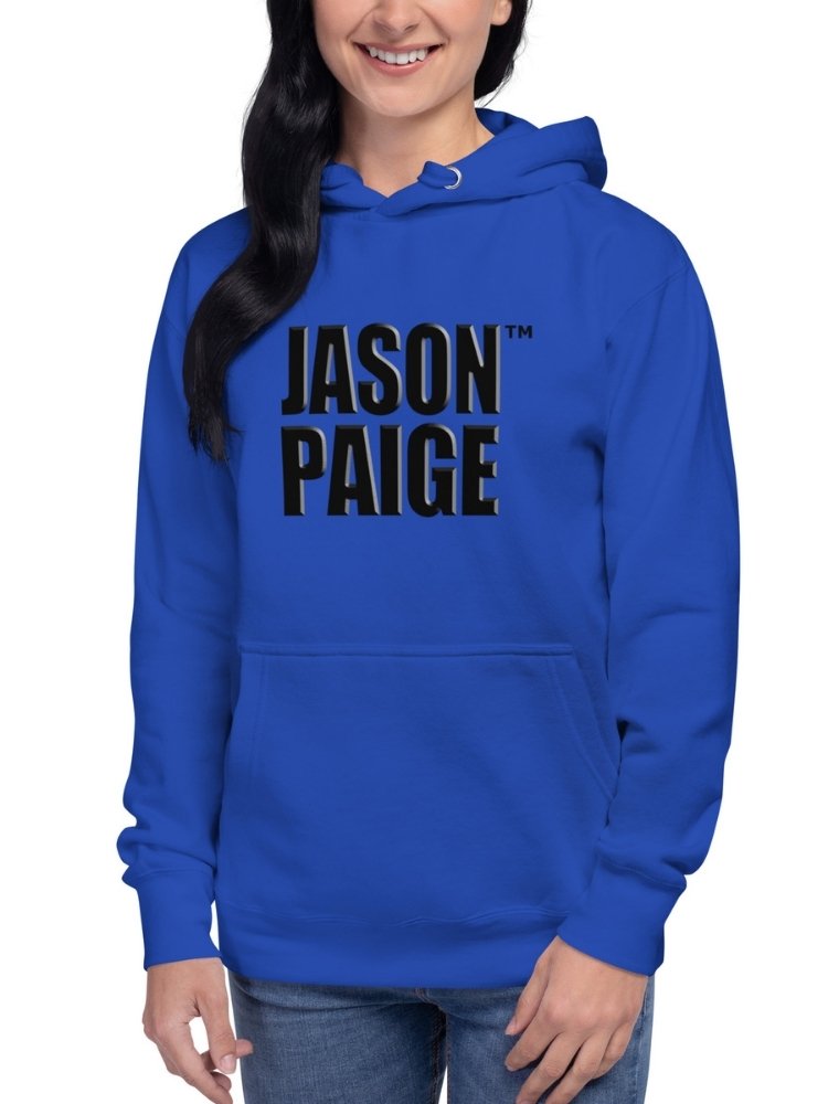 Person wearing a blue hoodie with 'JASON PAIGE' printed on it against a white background
