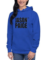 Person wearing a blue hoodie with 'JASON PAIGE' printed on it against a white background
