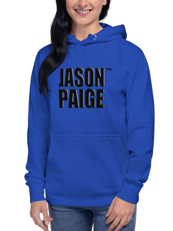 Person wearing a blue hoodie with 'JASON PAIGE' printed on it against a white background