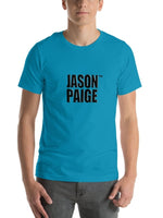 Person wearing a blue t-shirt with 'JASON PAIGE' printed on it.