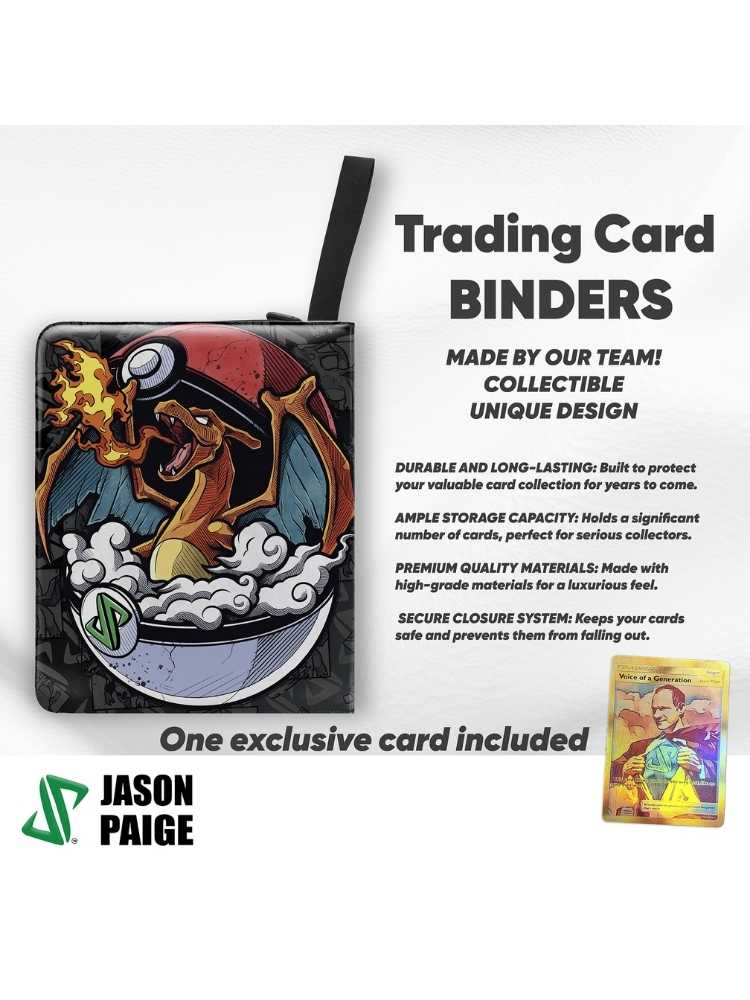 Trading card binder with collectible design, featuring a card included, on a white background.